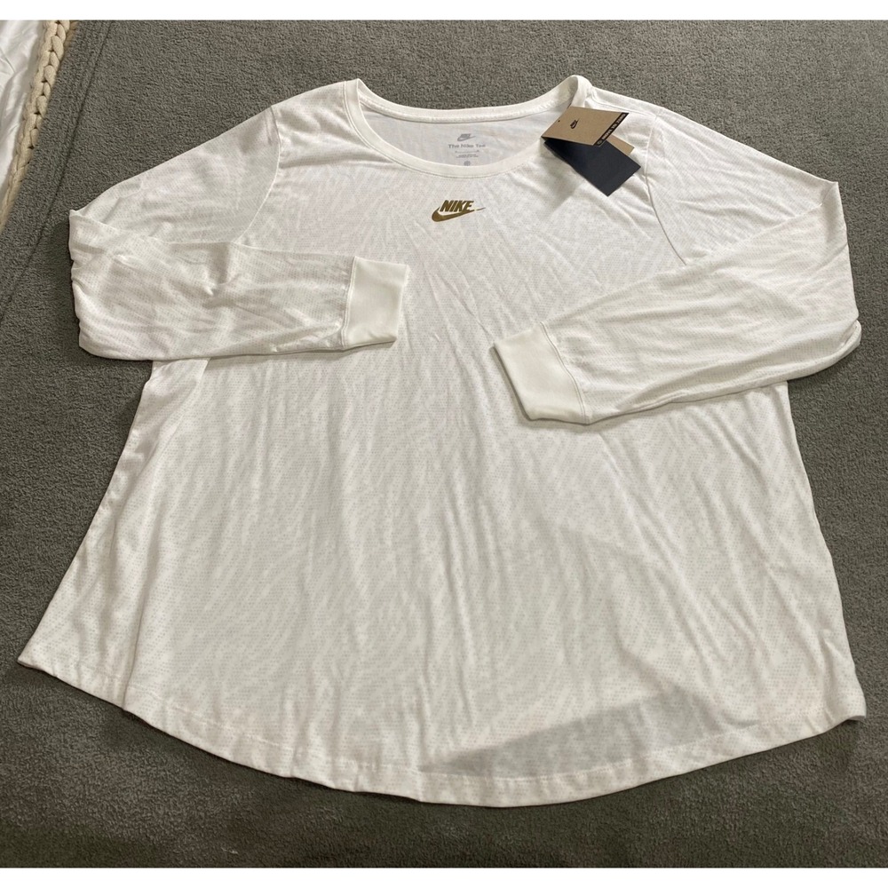 Nike Long Sleeve T-Shirt Womens 3X White Gold Foil Swoosh Plus Size Athleisure